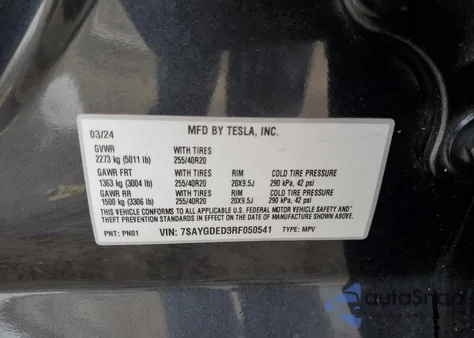 2024 Tesla Model Y из США, поврежденный, VIN 7SAYGDED3RF050541